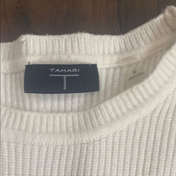 Tahari White Crew Neck Sweater Puff Sleeve - Picture 3 of 7